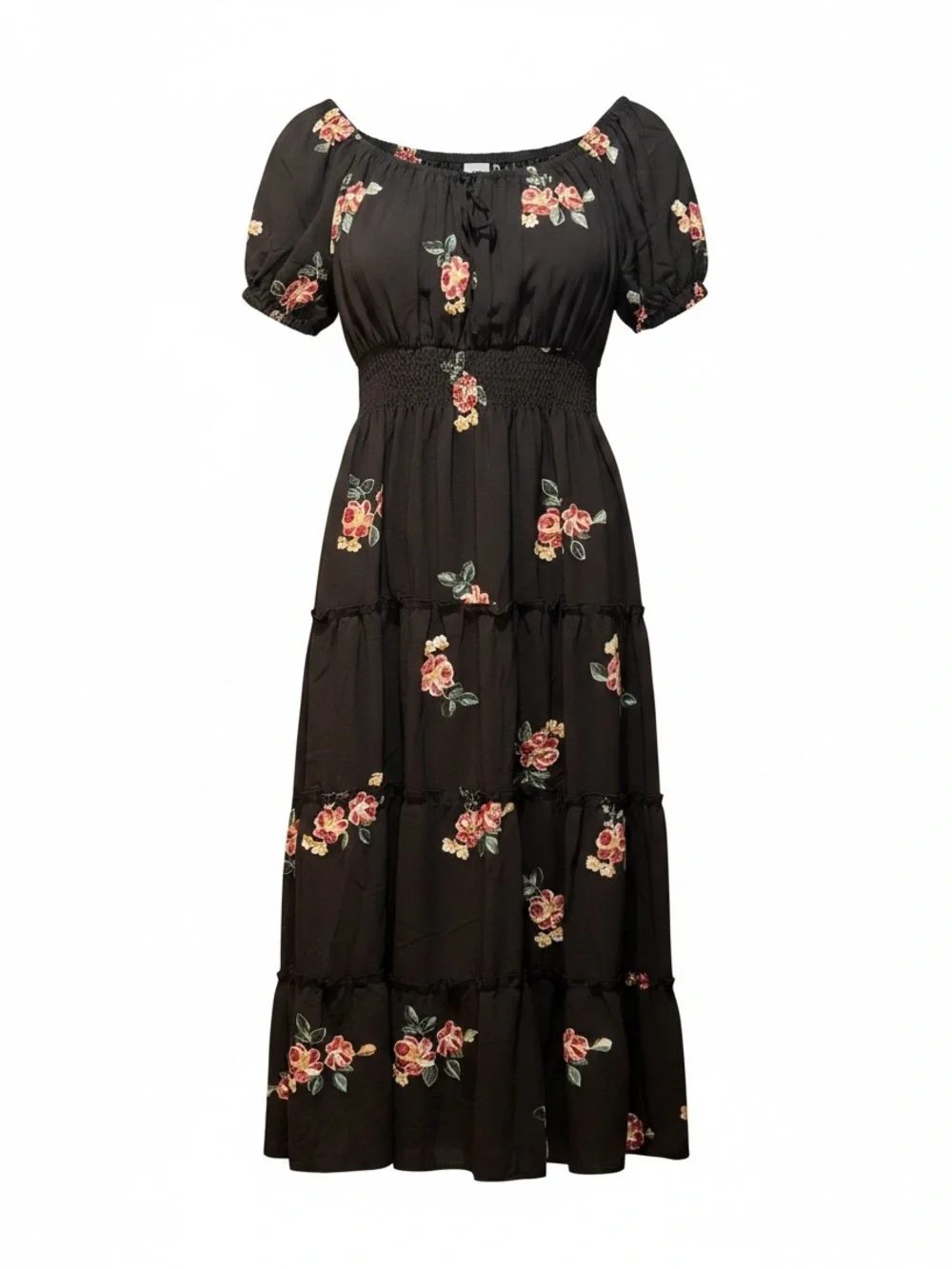 Anthro Kindred Embroidered Smocked Brown Maxi Dress with Puff Sleeves